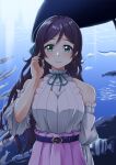  1girl aqua_eyes aquarium bangs belt breasts closed_mouth cowboy_shot detached_sleeves earrings frilled_shirt_collar frilled_sleeves frills hair_down hair_ribbon hand_in_hair high-waist_skirt high_collar highres jewelry large_breasts light_blush lipstick long_hair looking_at_viewer love_live! love_live!_school_idol_festival_all_stars love_live!_school_idol_project makeup neck_ribbon parted_bangs purple_hair purple_skirt ribbed_shirt ribbon sano_souichi shirt skirt sleeveless solo tareme toujou_nozomi white_shirt white_sleeves 