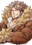  1boy bara beard blue_eyes brown_hair chest coat collarbone collared_shirt cropped_torso crossed_arms ezaki_papiko facial_hair fur-trimmed_coat fur_trim guilty_gear guilty_gear_strive leo_whitefang muscle shirt short_hair smirk solo thick_eyebrows white_background 