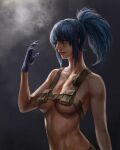  1girl absurdres bare_shoulders black_gloves blue_eyes blue_hair breasts collarbone explosive gloves grenade hair_between_eyes high_ponytail highres leona_heidern no_bra pioz pocket ponytail solo the_king_of_fighters upper_body vest 