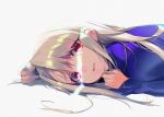  1girl commentary dress fate/stay_night fate_(series) highres illyasviel_von_einzbern imp_(sksalfl132) light_rays long_hair long_sleeves looking_at_viewer lying on_stomach purple_dress red_eyes simple_background solo sunbeam sunlight white_background white_hair 