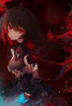  1girl absurdres akashin bangs blue_butterfly bug butterfly closed_mouth gauntlets gloves hair_ornament highres honkai_(series) honkai_impact_3rd long_hair looking_at_viewer red_background red_eyes red_gloves redhead seele_(alter_ego) seele_vollerei seele_vollerei_(starchasm_nyx) smile solo 
