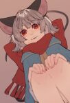  1girl absurdres animal_ears blue_cape bow brown_background cape commentary_request feet_out_of_frame grey_hair hands_on_own_knees highres long_sleeves looking_at_viewer mouse_ears mouse_girl mouse_tail nazrin open_mouth prat_rat red_eyes red_scarf scarf scarf_bow shirt short_hair simple_background smile solo squatting tail touhou white_shirt 