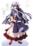  2girls ascot bat_wings black_footwear blue_bow book bow dress eyebrows_visible_through_hair eyes_visible_through_hair fingernails frills full_body hair_between_eyes hat hat_bow hat_ribbon highres himajinsan0401 light_blue_hair light_purple_hair long_hair mob_cap multiple_girls patchouli_knowledge red_bow red_eyes red_footwear remilia_scarlet ribbon sharp_fingernails short_hair smile sweatdrop touhou twitter_username very_long_hair violet_eyes waist_bow white_background wings wrist_cuffs 