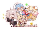  4girls animal_ears blonde_hair blue_eyes blue_hair camera chibi elf flower fox_ears fox_tail green_eyes grey_hair hair_flower hair_ornament highres holding holding_camera holding_walkie-talkie hololive momosuzu_nene multiple_girls omaru_polka phasmophobia pointy_ears scared shishiro_botan silou_b tail virtual_youtuber yellow_eyes yukihana_lamy 