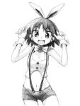  1girl :d animal_ears bangs bike_shorts bow bowtie commentary cowboy_shot eyebrows_visible_through_hair fake_animal_ears girls_und_panzer gofu greyscale looking_at_viewer midriff monochrome navel open_mouth paw_pose rabbit_ears sakaguchi_karina shirt short_hair short_shorts shorts sleeveless sleeveless_shirt smile solo standing suspender_shorts suspenders wrist_cuffs 