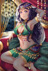 1girl ankle_bell anklet arabian arabian_architecture arabian_clothes armlet armpits barefoot barefoot_sandals bell bridal_gauntlets circlet crop_top curly_hair earrings full_moon gold hair_ornament hand_in_hair highres jewelry lili_messaina long_hair looking_at_viewer love_live! love_live!_school_idol_project love_live!_sunshine!! matsuura_kanan miniskirt moon necklace night night_sky pillow purple_hair ring sitting skirt sky smile veil violet_eyes window