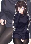  1girl absurdres black_hair black_legwear blue_eyes blue_sweater closed_mouth dress fine_fabric_emphasis hand_on_own_face highres kurousagi_yuu long_hair long_sleeves looking_at_viewer mole mole_under_eye original pantyhose smile solo sweater sweater_dress zoom_layer 