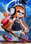  1girl :d ^_^ absurdres apron bike_shorts black_apron blue_sky can chamu_(chammkue) closed_eyes clouds day domino_mask goo_tuber_(splatoon) headphones highres holding holding_can huge_filesize ink_tank_(splatoon) inkling legs_apart long_hair mask open_mouth orange_hair outdoors paint pen pigeon-toed pin pink_footwear pocket shirt shoelaces shoes short_sleeves sky smile smiley_face sneakers solo splatoon_(series) splatoon_2 standing suction_cups t-shirt teeth tentacle_hair twitter_username very_long_hair white_shirt 