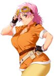  1girl belt belt_pouch blush brown_gloves closed_mouth cowboy_shot dragon_quest dragon_quest_dai_no_daibouken fingerless_gloves fingernails gloves goggles goggles_on_head hand_on_hip hand_up highres looking_at_viewer maam medium_hair onsoku_inu orange_shirt pants pink_hair plump pouch red_eyes shirt short_sleeves simple_background smile solo white_background yellow_pants 