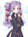  1girl artist_request book drill_hair elbow_gloves finger_to_mouth fire_emblem fire_emblem:_genealogy_of_the_holy_war gloves highres holding holding_book looking_at_viewer purple_hair smile solo tine_(fire_emblem) twin_drills violet_eyes 