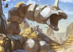  aqua_eyes canyon clouds commentary_request day gen_1_pokemon looking_at_another looking_to_the_side no_humans onix open_mouth outdoors peeking_out pokemon pokemon_(creature) rock sandshrew sky supearibu 
