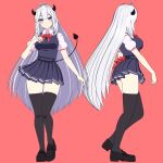  1girl 3d absurdres blue_eyes breasts demon_tail hand_on_own_chest highres horns indie_virtual_youtuber jjinomu large_breasts long_hair multiple_views pink_background school_uniform tail thigh-highs vei_(vtuber) very_long_hair white_hair 