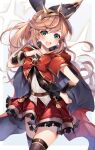  1girl 40_(0f0urw) :d absurdres bangs belt black_legwear blush bow bowtie bracelet brown_belt brown_hair cape clarisse_(granblue_fantasy) cowboy_shot dress_shirt eyebrows_visible_through_hair floating_hair granblue_fantasy green_eyes grey_background hair_between_eyes hair_intakes hairband hand_on_hip highres jewelry large_bow long_hair looking_at_viewer miniskirt open_mouth ponytail red_bow red_cape red_neckwear red_skirt shiny shiny_hair shirt skirt smile solo standing swept_bangs thigh-highs very_long_hair white_shirt zettai_ryouiki 