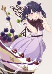 1girl absurdres arms_up bare_arms blue_hair blush bow bowtie brown_neckwear chocolate commentary cup dress feet_out_of_frame food frilled_bow frills fruit fukumaru_koito grapes hair_bow highres idolmaster idolmaster_shiny_colors in_container in_cup in_food looking_at_viewer open_mouth parfait paw_pose pink_background purple_bow purple_dress raspberry shimashi_(mori_no_sato) short_hair short_sleeves simple_background smile solo spoon twintails violet_eyes wavy_hair 