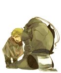  1boy ^_^ alphonse_elric apron armor bangs black_pants blonde_hair blush blush_stickers brown_neckwear brown_scarf brown_theme child closed_eyes commentary commentary_request eishi2003 elbow_spikes eyebrows_visible_through_hair facing_viewer from_behind full_armor full_body fullmetal_alchemist happy helmet hollow laughing leaning leaning_forward legs_apart lowres male_focus no_nose one_eye_covered open_mouth pants partial_commentary scarf shoulder_spikes simple_background smile spikes standing striped striped_scarf swept_bangs tareme teeth upper_teeth waist_apron white_background winter_clothes younger 