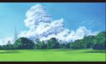  absurdres blue_sky building clouds cloudy_sky cumulonimbus_cloud day field forest highres letterboxed nature no_humans original outdoors sawitou_mizuki scenery sky skyscraper summer traditional_media 
