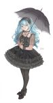  1girl bangs black_bow black_choker black_dress black_footwear black_legwear black_umbrella blue_eyes blue_hair bow choker collarbone criss-cross_halter dress eyebrows_visible_through_hair floating_hair frilled_umbrella full_body gothic_lolita halterneck hatsune_miku headdress highres holding holding_umbrella jewelry layered_dress lolita_fashion long_hair pantyhose qie ring see-through shoe_bow shoes short_dress simple_background solo standing twintails umbrella very_long_hair vocaloid white_background wrist_cuffs 