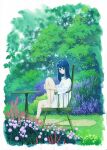  1girl barefoot blue_eyes blue_hair border bush chair dress flower from_side highres leg_hug long_hair long_sleeves looking_at_viewer looking_to_the_side original outdoors parted_lips sawitou_mizuki sitting solo table traditional_media tree white_border white_dress 