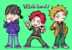  3boys bandana braid chibi cornrows douan_kazusato earrings fang fox_shadow_puppet full_body green_background green_pants gyozaz hand_in_pocket highres hypnosis_mic hypnosis_mic:_rule_the_stage jacket jewelry kokuri_ryouzan male_focus multiple_boys necklace pants pink_eyes red_eyes redhead ring sanagi_kenei shoes simple_background smile sneakers tattoo yellow_eyes yellow_jacket 