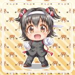  1girl :d akagi_miria bangs big_head black_hair black_jacket black_pants blush brown_eyes brown_footwear chibi clenched_hands diagonal_stripes eyebrows_visible_through_hair flying_sweatdrops full_body gakuran gloves hair_between_eyes hair_intakes headband idolmaster idolmaster_cinderella_girls jacket long_sleeves looking_at_viewer open_mouth ouendan outstretched_arm pants regular_mow school_uniform shadow shoes smile solo standing striped striped_background sweat two_side_up white_gloves 