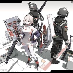  1girl 2boys absurdres armor breasts character_name circle_a commentary commentary_request fingerless_gloves fsb girls_frontline gloves grifon_&amp;_kryuger gun hand_on_hip handgun helmet highres holding holding_gun holding_weapon holster jacket jacket_on_shoulders looking_at_viewer meme_attire multiple_boys night_vision_device no_bra partial_commentary pistol police police_uniform rmb-93 rmb-93_(girls_frontline) russian_flag russian_text short_hair shotgun shotgun_shells sideboob silver_hair simple_background star_(symbol) tactical_clothes thigh-highs thigh_holster trigger_discipline uniform virgin_killer_sweater weapon 