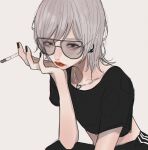  1girl adidas black_nails brown_eyes cigarette grey_hair highres holding holding_cigarette mano_aaa original pants red_lips short_hair solo sunglasses track_pants 