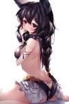  1girl 40_(0f0urw) absurdres animal_ears arm_ribbon bangs bikini black_bikini black_hair blush braid breasts butt_crack eyebrows_visible_through_hair floral_print from_behind granblue_fantasy hair_between_eyes highres holding holding_hair long_hair nier_(granblue_fantasy) print_bikini purple_ribbon red_eyes ribbon shiny shiny_hair shoulder_blades sideboob simple_background sitting solo swimsuit twintails untied untied_bikini very_long_hair wariza white_background 