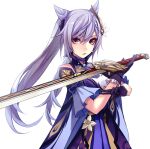 1girl applekun choker dress flower genshin_impact gloves hair_between_eyes highres holding holding_sword holding_weapon keqing_(genshin_impact) long_hair looking_at_viewer purple_hair simple_background solo standing sword twintails upper_body weapon white_background 