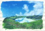  blue_sky border day grass highres lake no_humans original outdoors reflection sawitou_mizuki scenery sky traditional_media white_border 