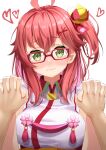  absurdres ahoge bespectacled breasts commentary_request embarrassed glasses green_eyes hair_between_eyes hair_ornament highres holding_hands hololive large_breasts looking_at_viewer pink_hair portrait pov pov_hands sakura_miko side_ponytail starkamisan virtual_youtuber white_background 