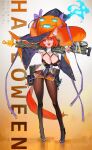  1girl animal_ears black_legwear blush breasts cat_ears energy_gun glasses gun halloween hat high_heels highres kare_huang large_breasts open_mouth original pantyhose pumpkin pumpkin_hat purple_ribbon ray_gun redhead ribbon short_hair smile solo violet_eyes weapon wide_sleeves witch witch_hat 