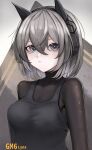  1girl absurdres animal animal_ears black_shirt blue_eyes bodysuit breasts character_name closed_mouth eyebrows_visible_through_hair fake_animal_ears girls_frontline gm6_lynx_(girls_frontline) headphones highres looking_at_viewer medium_breasts medium_hair saiun_sigma shirt silver_hair simple_background solo 