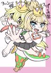  2girls :d bare_shoulders barefoot blonde_hair blue_eyes blush bowsette_jr. bracelet breasts character_name collar commentary_request crown eyebrows_visible_through_hair feet forked_eyebrows grey_skirt highres jewelry long_hair looking_at_viewer super_mario_bros. mini_crown multiple_girls new_super_mario_bros._u_deluxe open_mouth pleated_skirt ponytail princess_yoshi sharp_teeth skirt smile spiked_bracelet spiked_collar spiked_shell spiked_tail spikes super_crown tail teeth tekito_nimo toes turtle_shell under_boob v-shaped_eyebrows very_long_hair yellow_eyes 