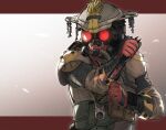  1other apex_legends belt blood bloodhound_(apex_legends) bloody_knife combat_knife gas_mask goggles hat highres holding holding_knife houtengeki knife mask mouth_mask red-tinted_eyewear reverse_grip shoulder_pads solo utility_belt weapon 