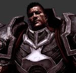  1boy armor black_eyes black_hair breastplate closed_mouth cropped darius_(league_of_legends) face grey_background highres league_of_legends male_focus pauldrons realistic scar scar_across_eye scratches seung_eun_kim shoulder_armor simple_background solo upper_body 