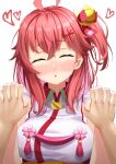  absurdres ahoge breasts closed_eyes commentary_request embarrassed hair_between_eyes hair_ornament highres holding_hands hololive incoming_kiss large_breasts looking_at_viewer pink_hair portrait pov pov_hands sakura_miko side_ponytail starkamisan virtual_youtuber white_background 