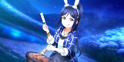  blue_hair blush dress long_hair love_live!_school_idol_festival_all_stars matsuura_kanan ponytail smile violet_eyes 