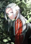  1girl capelet commentary_request edelgard_von_hresvelg eyelashes fire_emblem fire_emblem:_three_houses forehead garreg_mach_monastery_uniform gloves hair_ribbon highres leaf light_rays lips long_hair looking_at_viewer mueririko parted_lips plant purple_ribbon red_capelet ribbon shadow silver_hair solo teeth uniform violet_eyes white_gloves 