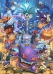  alolan_exeggutor alolan_form arm_up bucket building butterfree clouds commentary delphox dreepy electrode fangs gen_1_pokemon gen_4_pokemon gen_5_pokemon gen_6_pokemon gen_7_pokemon gen_8_pokemon gengar halloween haunter highres holding holding_stick jack-o&#039;-lantern joltik lucario lycanroc lycanroc_(dusk) moon mouth_hold nidoran nidoran_(male) night open_mouth outdoors pokemon pokemon_(creature) running scolipede sharp_teeth shiny sky smile sparkle standing stick supearibu teeth tongue tongue_out voltorb weavile zubat 