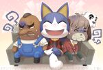  4boys :&lt; anger_vein animal_crossing animal_ears annoyed antenna_hair argyle_shirt arm_around_shoulder arms_up bald bangs barefoot black_eyes black_footwear blank_eyes blush boots brown_hair cat_boy cat_ears clenched_teeth closed_eyes closed_mouth commentary_request couch crossed_legs digby_(animal_crossing) dog_boy dog_ears doubutsu_no_mori freckles full_body furry gradient gradient_background green_pants hands_together happy jacket k.k._slider_(animal_crossing) male_focus mole_(animal) mr._resetti multiple_boys necktie nintendo nintendo_ead no_humans o_o open_mouth outline outstretched_arms overalls pants pink_background red_jacket red_shirt rover_(animal_crossing) shirt short_hair short_sleeves simple_background sitting sleeveless sleeveless_shirt smile spread_arms suspenders sweatdrop teeth thick_eyebrows translation_request tsutsuji_(hello_x_2) turn_pale very_short_hair white_eyes white_shirt yellow_neckwear 