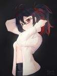  1girl ahoge black_background black_hair breasts closed_mouth enma-chan glasses highres hololive hololive_english looking_at_viewer medium_breasts navel open_clothes open_shirt ponytail red_eyes redn_art signature simple_background solo 