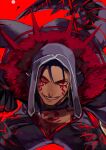  1boy 2f_sq bent_over blue_hair bodypaint cape cu_chulainn_(fate)_(all) cu_chulainn_alter_(fate/grand_order) dark_persona earrings facepaint fate/grand_order fate_(series) fur grin hood hood_up jewelry looking_at_viewer male_focus monster_boy red_background red_eyes simple_background smile solo tail type-moon 