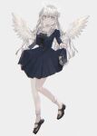  1girl angel angel_wings black_skirt grey_background highres koru_(end_701) looking_to_the_side original sailor_collar skirt white_eyes white_hair wings 