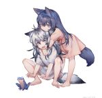  2girls ahoge ami_(34849422) animal animal_ears arknights arms_around_neck artist_name bare_legs barefoot black_hair child chinese_commentary dated frog grey_eyes grey_hair highres hug hug_from_behind lappland_(arknights) long_hair multiple_girls outstretched_arms pink_shirt scar scar_across_eye shirt simple_background tail texas_(arknights) white_background white_shirt wolf_ears wolf_tail younger yuri 