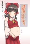  1860_(ichi) 1girl ascot blush bow brown_eyes brown_hair covered_nipples detached_sleeves hair_bow hair_tubes hakurei_reimu hand_on_own_stomach highres japanese_clothes looking_at_viewer miko navel one_eye_closed pregnant red_bow sidelocks solo touhou translation_request white_background wide_sleeves 