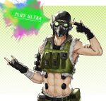  1boy \m/ abs apex_legends arm_tattoo black_gloves facing_viewer finger_gun fingerless_gloves flak_jacket gloves goggles green-tinted_eyewear gun_to_head hat headgear headset highres houtengeki looking_at_viewer midriff octane_(apex_legends) popped_collar sleeveless solo tattoo 