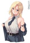  1girl belt belt_buckle black_belt black_jacket black_neckwear black_skirt blonde_hair blue_eyes blush bomber_jacket breasts buckle collared_shirt ebifurya eyebrows_visible_through_hair hair_between_eyes highres hornet_(kantai_collection) jacket kantai_collection large_breasts long_hair long_sleeves necktie parted_lips pencil_skirt shirt simple_background skirt sleeveless sleeveless_shirt solo twitter_username white_background white_shirt 