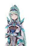  1girl bangs breasts chest_jewel earrings eyebrows_visible_through_hair gloves green_eyes green_hair highres jewelry large_breasts long_hair long_ponytail pneuma_(xenoblade) ponytail sarasadou_dan simple_background smile solo swept_bangs sword tiara upper_body very_long_hair weapon white_background xenoblade_chronicles_(series) xenoblade_chronicles_2 