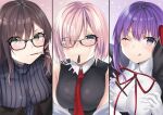  3girls absurdres bangs bare_shoulders bb_(fate)_(all) bb_(fate/extra_ccc) black_coat black_dress blush breasts brown_eyes brown_hair coat consort_yu_(fate) dress fate/extra fate/extra_ccc fate/grand_order fate_(series) food fou_(ssqseeker) glasses gloves grey_dress hair_over_one_eye hair_ribbon highres jacket large_breasts layered_dress leotard light_purple_hair long_hair long_sleeves looking_at_viewer mash_kyrielight mouth_hold multiple_girls neck_ribbon necktie open_clothes open_coat pocky pocky_day popped_collar purple_hair red_ribbon ribbed_dress ribbon short_hair smile very_long_hair violet_eyes white_gloves white_leotard 