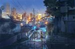  1girl city facing_away from_behind highres night original overhead_line pleated_skirt running shirt short_hair skirt solo tokyo_(city) wayne_chan white_shirt 